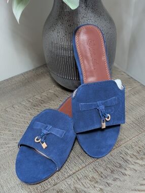 Suede Slide Sandals with Bow Accent